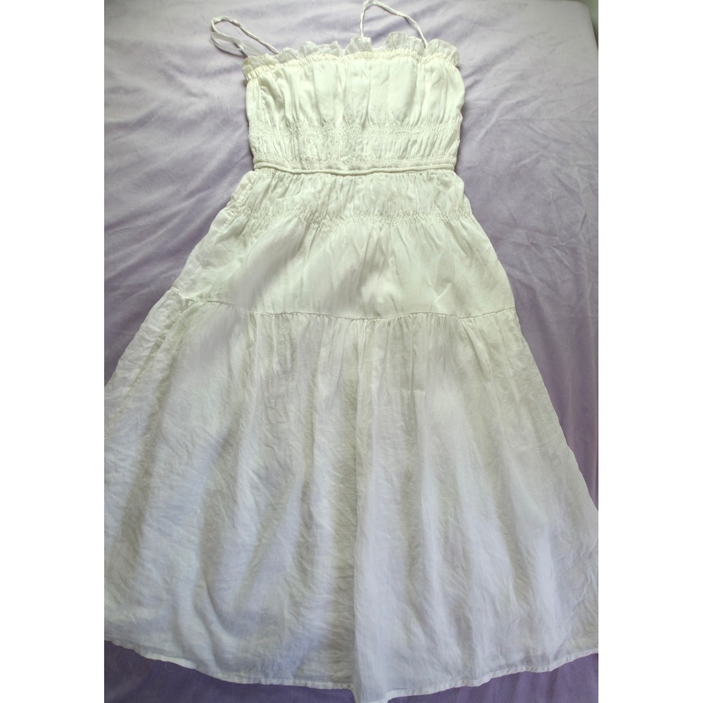 FRAME Smocked Midi Dress Womens S White Ramie‎ Cotton